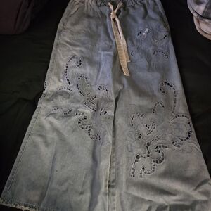 Gray Wide-Leg Pants with Lace Detailing
